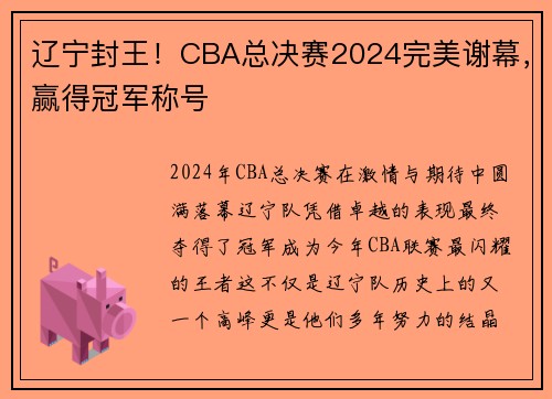 辽宁封王！CBA总决赛2024完美谢幕，赢得冠军称号